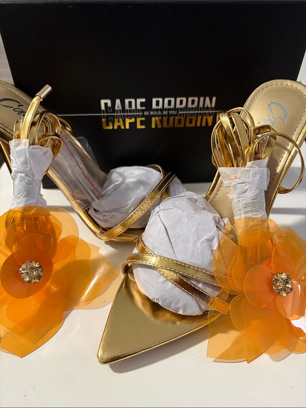 Cape Robbin Gold Strappy Heels with Orange Floral Accent